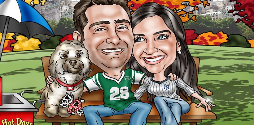 anniversary caricature gift - couple on bench with dog