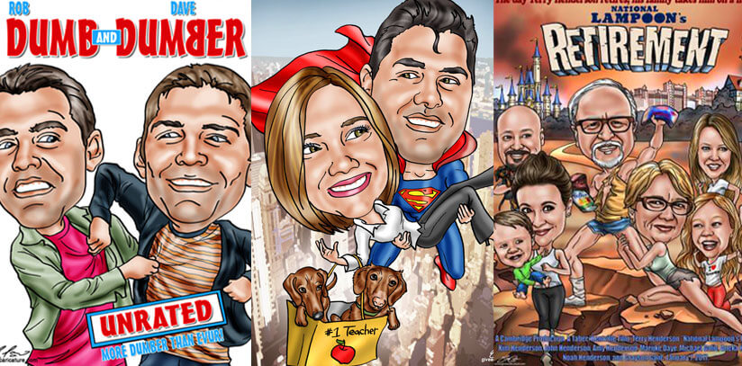 caricature-from-photo - three examples - on left, two guys poased as dumb and dumber.  In middle superman carrying women and two dogs.  On right, retiree posing as super hearo with family members round him. 