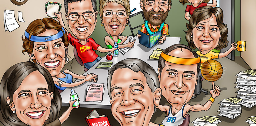 corporate caricature gifts - 9 people around a conference room table doing quirky things