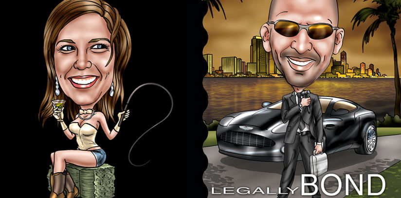 custom caricatures - woman with martini and whip on left and man looking like james bond on right