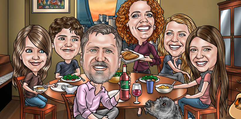 family caricature - family sitting around a dinner table with a dog