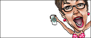 caricature of happy woman holding starbucks cup